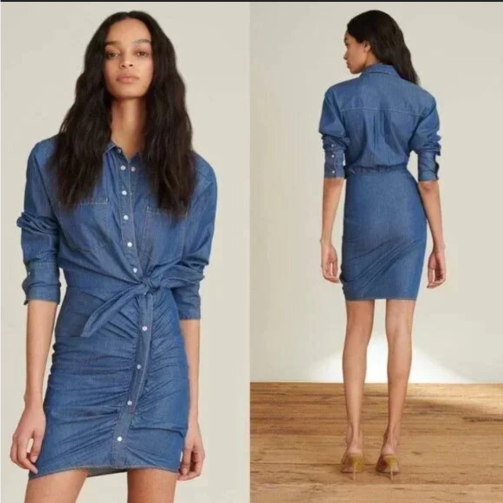 Veronica Beard Sierra Ruched Chambray Dress size-0 - Picture 2 of 5